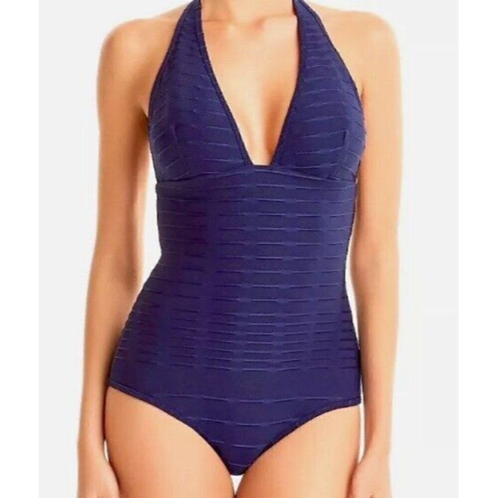 New Shoshanna Navy Jacquard One Piece Swimsuit Womens 12 Plus Stripe Halter